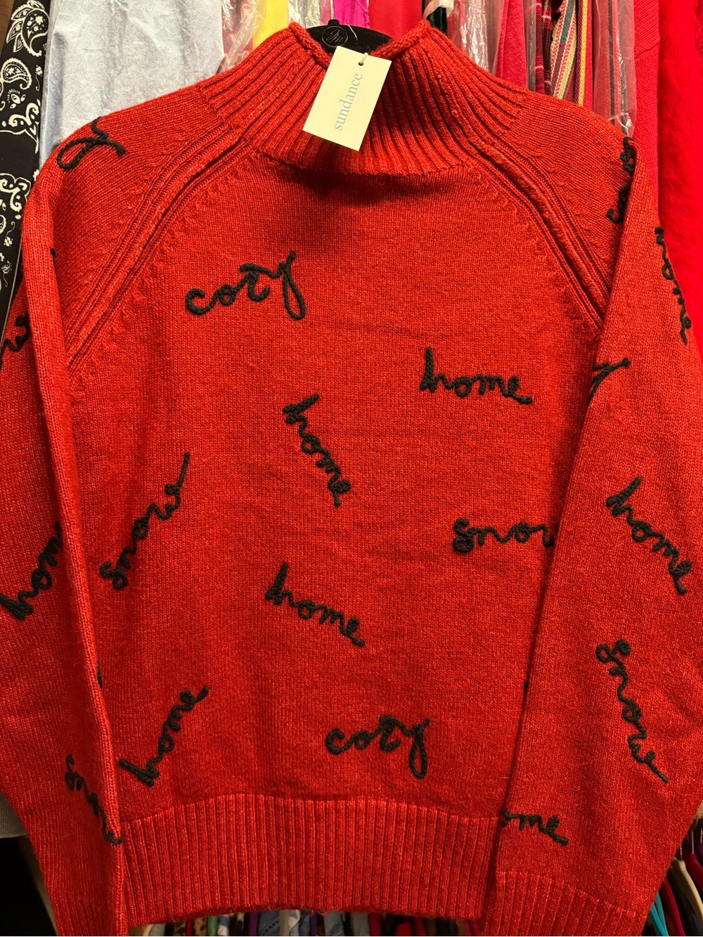 Sundance Red Knit Turtleneck Sweater with Black Script